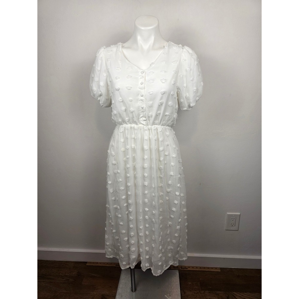 Baltic Born Mila Off White Swiss Dot Dress Puff Sleeve Midi Small PSD3458